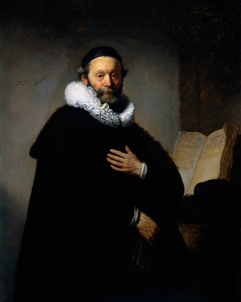 Elderly theologian in black robe and cap stands beside an open book, wearing a brilliant white ruff; one hand rests on his chest and the other gathers the robe, softly lit against a grey-brown wall.