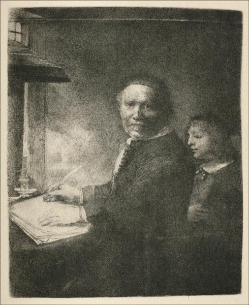 Etched interior of a lamplit room showing the calligrapher Lieven van Coppenol seated at a desk with a quill poised over a bright sheet of paper, his face turned toward the viewer while a young boy stands behind; soft shadows and rich plate tone envelop the scene.