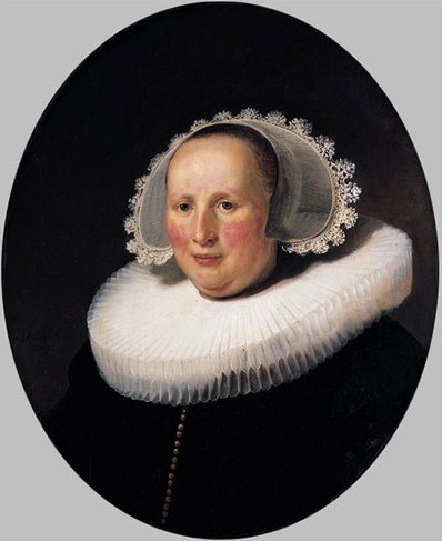 Oval portrait of Maertgen van Bilderbeecq wearing a large pleated ruff and sheer lace-edged cap, her face softly lit against a dark background, in a dark gown with a small gold earring.