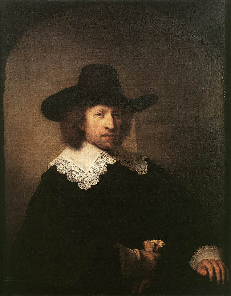 Half-length portrait of the Amsterdam merchant Nicolas van Bambeeck by Rembrandt, wearing a broad black hat and lace collar, seated against a warm dark background with a glove in his right hand; soft light models his thoughtful face and refined attire.