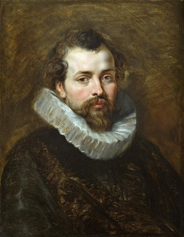 Head-and-shoulders portrait of a bearded man in a white starched ruff and dark coat, turned three-quarters against a warm brown background, his face softly lit and eyes meeting the viewer.
