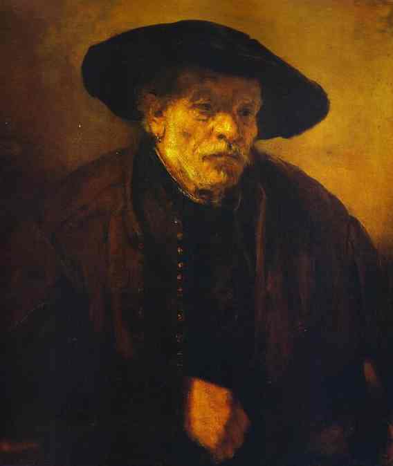 Warm, dark portrait of an elderly man in a broad black hat and heavy coat; Rembrandt’s light grazes his weathered face and a small glowing hand, with rich textures and deep brown background conveying quiet dignity.