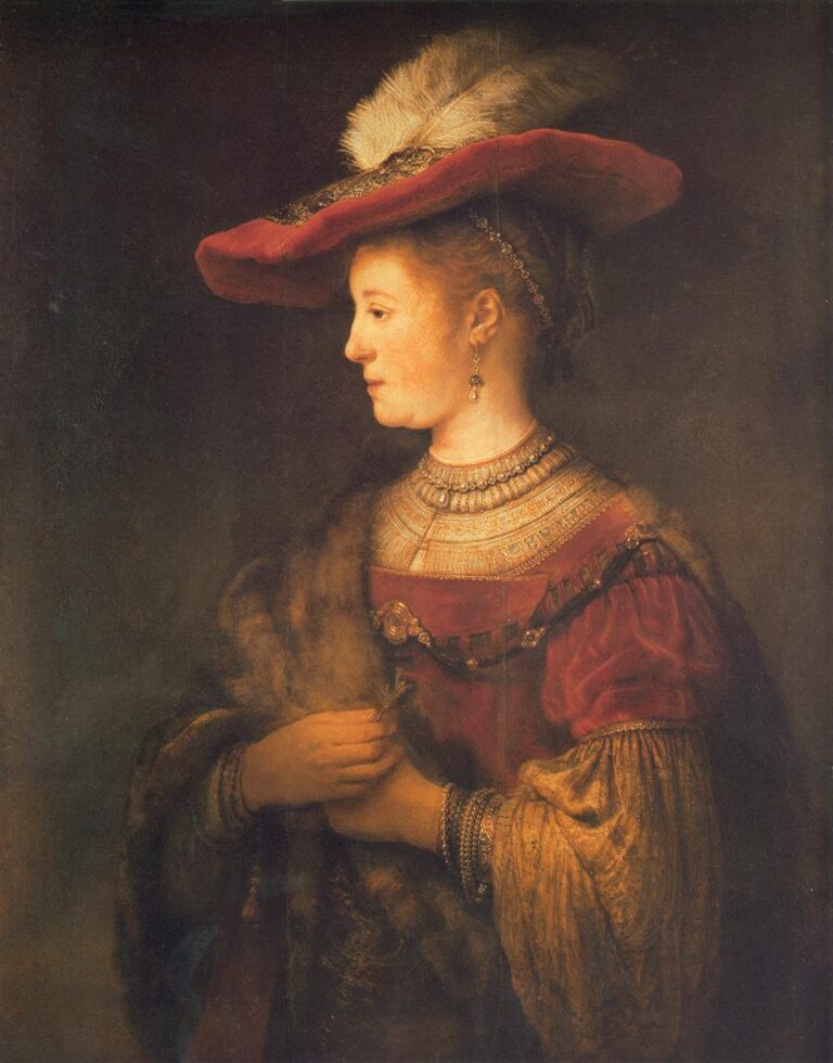 Profile portrait of Saskia van Uylenburgh in a wide crimson hat with a pale feather, gold-embroidered bodice, fur mantle, and clasped hands, warmly lit against a dark background, painted by Rembrandt in 1634.
