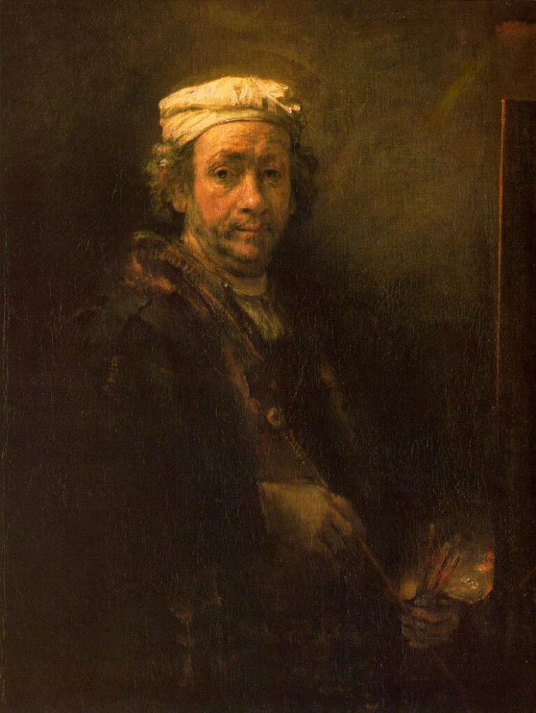 Rembrandt’s late self-portrait showing the artist in a white cap, half-lit in a brown studio, holding brushes and a mahlstick beside the dark edge of his easel, with warm chiaroscuro and textured, earthy brushwork.