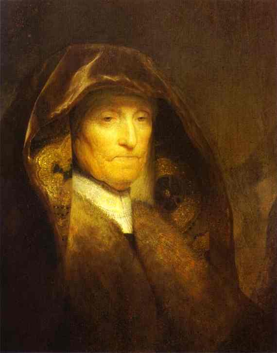 Rembrandt’s 1631 portrait of an elderly woman in a dark hood and fur-trimmed coat, her softly lit face emerging from warm shadow as gold embroidery glints around her, set against a quiet, unfurnished background.