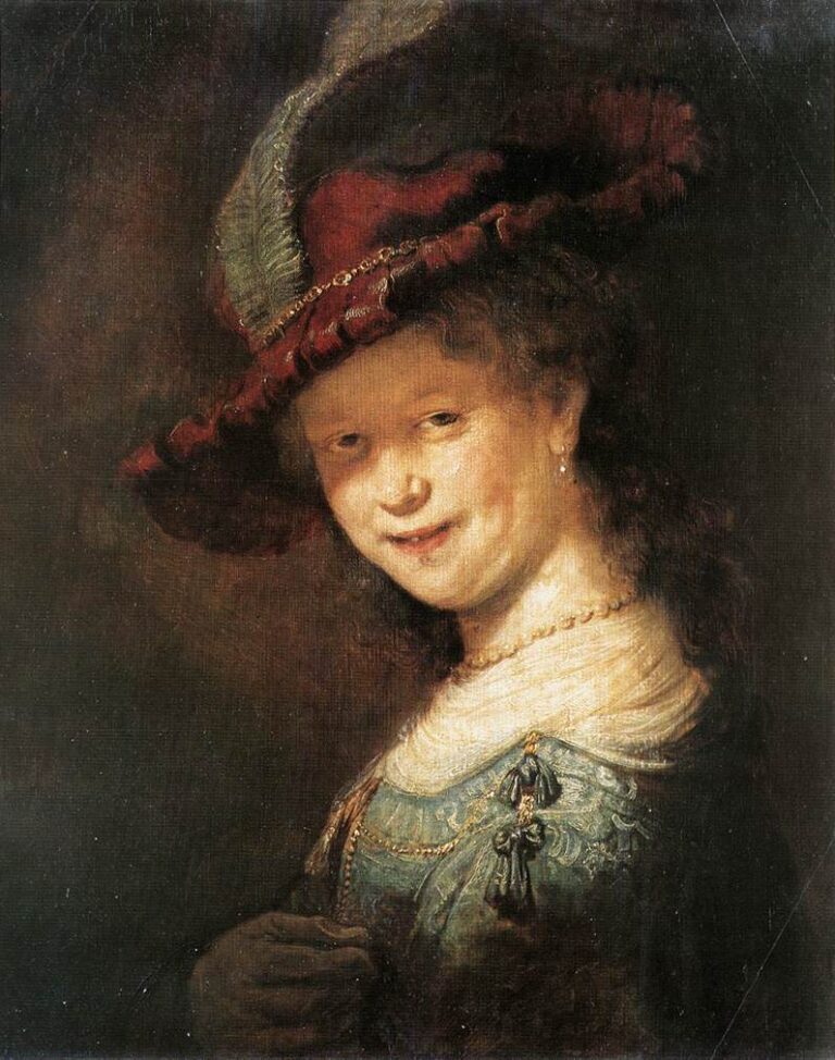Young woman in a large red feathered hat and blue-green dress turns toward the light with a small smile; pearls and gold chain sparkle as soft shadows from the brim frame her face.