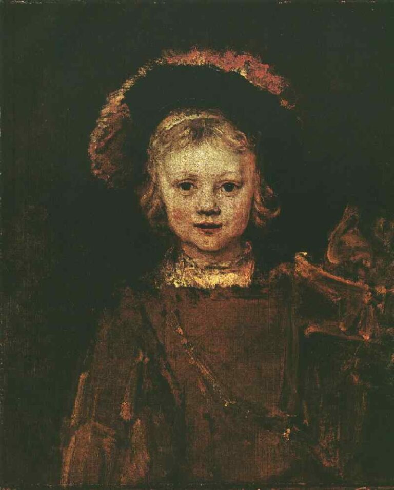 Small oil portrait of a young boy, Titus, shown frontally with a dark hat haloing his head; his face is softly lit against a deep brown background while his clothing and chain are loosely suggested with broad, warm strokes.
