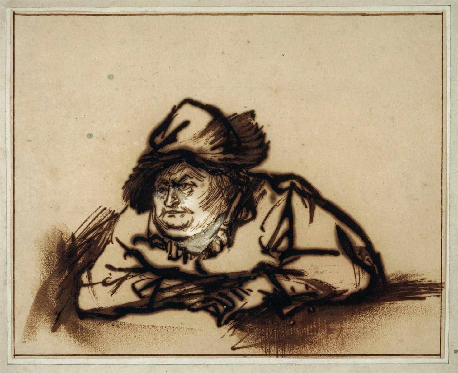 Brown ink and wash drawing of a stout man in a soft hat leaning forward with arms folded on a surface; bold dark strokes define coat and hat, finer hatching models the face, and pale highlights catch the cheek and collar against a mostly blank background.