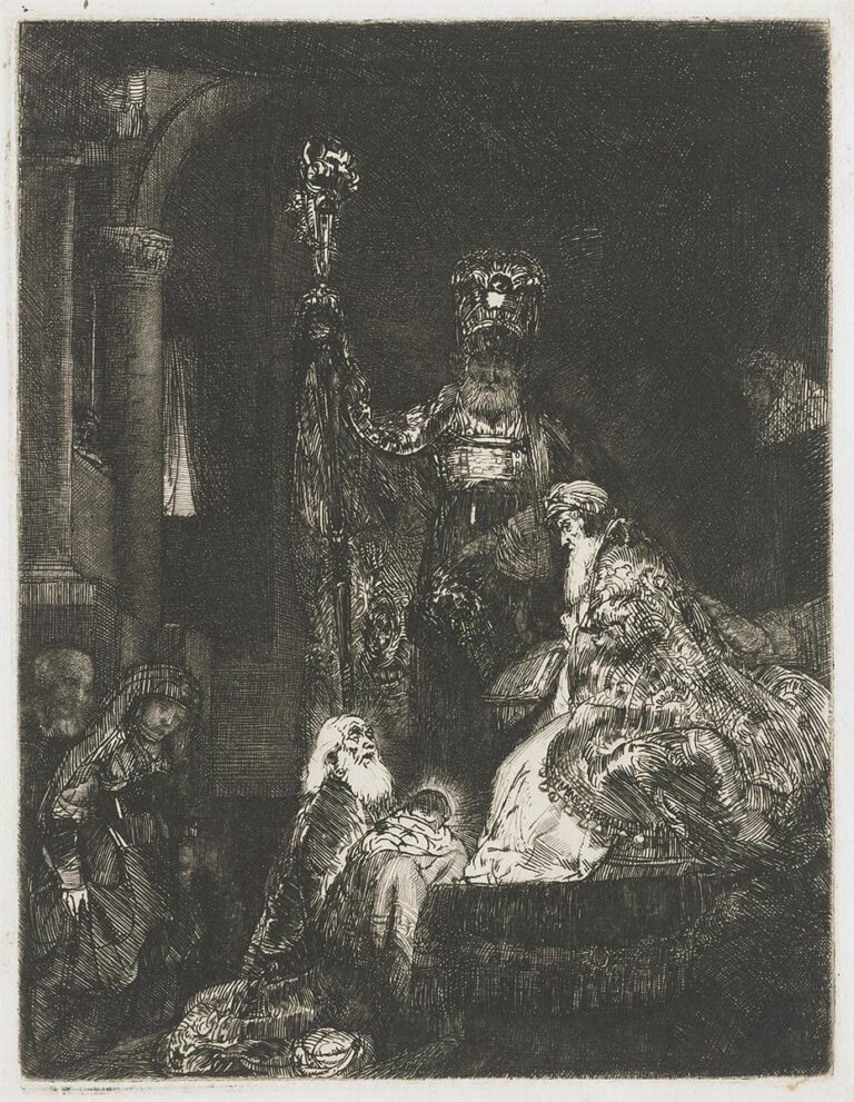 Rembrandt etching of the Presentation in the Temple: in a dark, vaulted interior, Simeon kneels cradling the radiant infant before a richly robed priest, while Mary stands at left; a towering official holds a staff as light concentrates on the child and the elder’s upturned face.