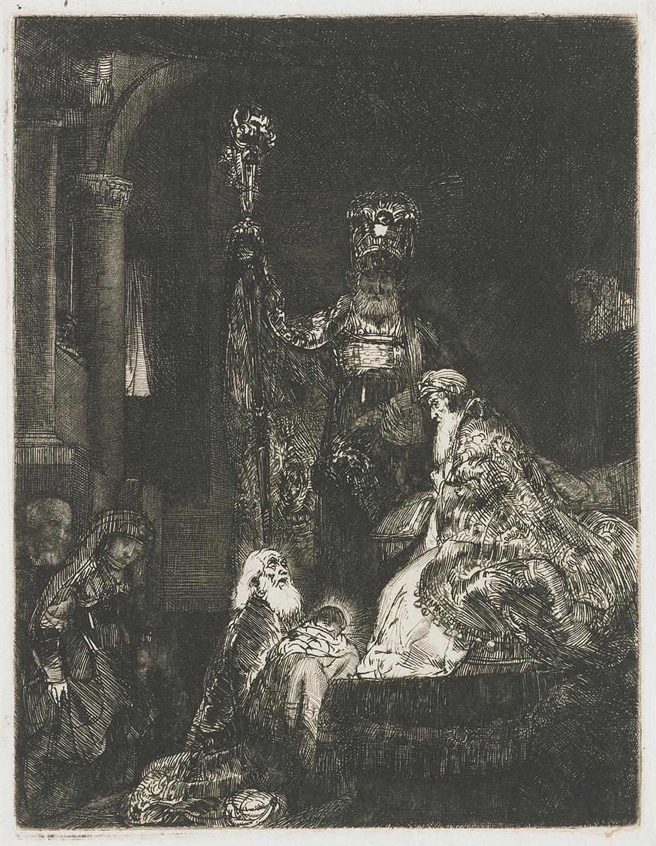 Rembrandt etching of the Presentation in the Temple: in a dark, vaulted interior, Simeon kneels cradling the radiant infant before a richly robed priest, while Mary stands at left; a towering official holds a staff as light concentrates on the child and the elder’s upturned face.