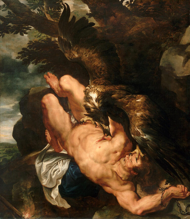 Large Baroque canvas showing Prometheus chained to a rocky cliff, body foreshortened and twisting as a massive eagle claws and pecks his chest; warm light ignites his flesh against dark rocks and trees, with a small glowing ember at the lower left.