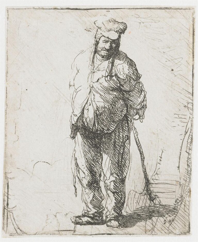 An intimate etching of a shabby peasant standing with hands clasped behind his back, a long stick angled to the ground; loose shirt and patched trousers are rendered with lively strokes against a largely blank background that feels like open air.