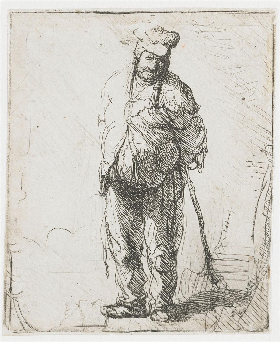An intimate etching of a shabby peasant standing with hands clasped behind his back, a long stick angled to the ground; loose shirt and patched trousers are rendered with lively strokes against a largely blank background that feels like open air.