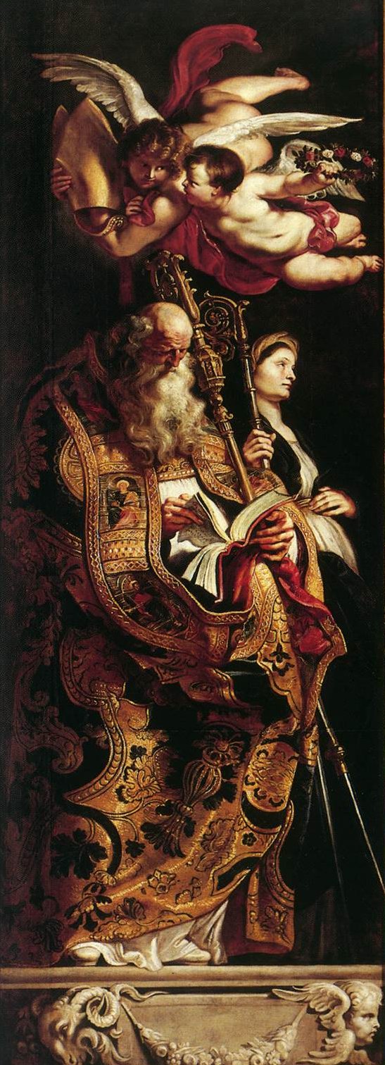 Tall vertical panel showing St Amand seated in a gold-embroidered cope reading from a book while holding a crozier; St Walpurgis stands beside him with a staff; above, putti carry a great book and garland, all illuminated against a dark ground atop a carved stone pedestal.