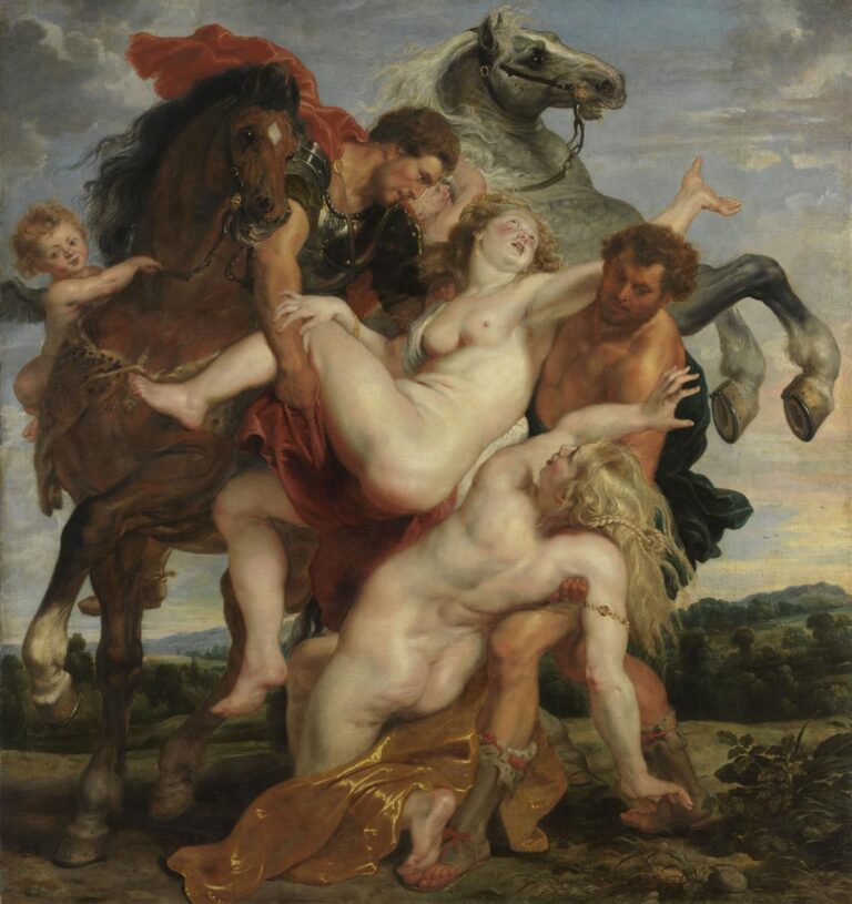 Dynamic Baroque scene by Rubens where Castor and Pollux abduct two nude women amid rearing horses; a red cloak flashes left, Cupid tugs a bridle, and intertwined limbs and drapery form a spiraling composition against a cloudy sky.
