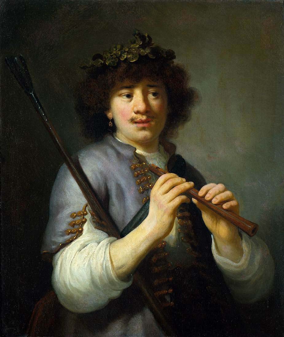 Half-length painting of Rembrandt in 1636 dressed as a shepherd, wearing a laurel wreath and violet-gray jacket, playing a wooden flute while a dark staff rests over his shoulder; soft side lighting illuminates his attentive, sideward gaze and carefully modeled hands against a quiet gray-brown background.