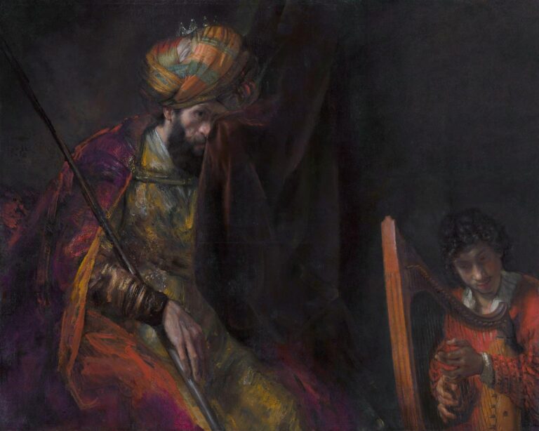 Late Rembrandt painting of King Saul in a jeweled turban, partly veiled by a dark curtain and holding a spear, while the young David at right plays a harp in warm light; deep browns and glowing reds create a tense, intimate atmosphere.