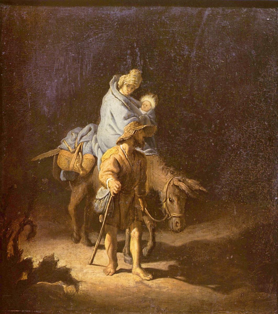 Early Rembrandt night scene of the Holy Family traveling: Joseph walks barefoot with a staff, Mary in a blue-gray cloak holds the child on a donkey, all moving across a lit patch of ground into surrounding darkness.