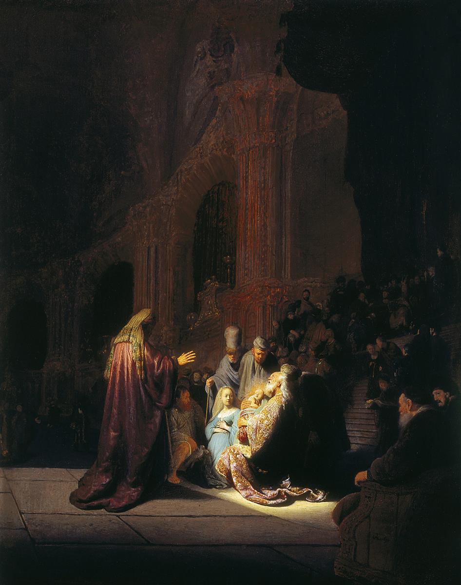 Rembrandt’s 1631 painting shows the aged Simeon kneeling in a vast, dark temple as light falls on the infant Jesus in his arms; Mary and Joseph lean close while priests and spectators gather on nearby steps, the surrounding architecture dissolving into shadow.