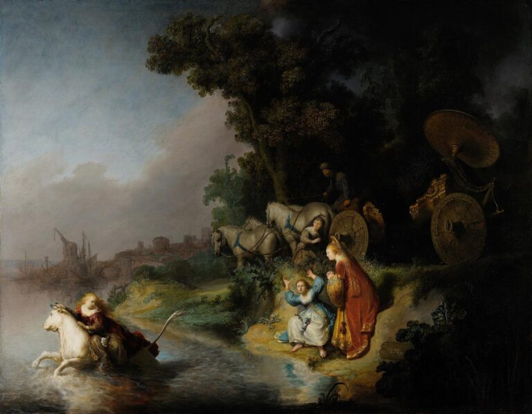 Europa, in a red mantle, clings to a white bull stepping into a river as her companions cry out on the bank; horses rear by a gilded carriage under dark trees, and a pale sky opens over distant harbor walls.