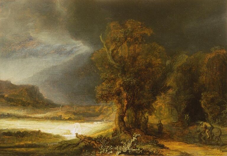 Broad landscape under a stormy sky with a luminous river at left, a massive oak at center, and at far right the Good Samaritan lifting a wounded traveler onto a horse along a shadowed path that curves toward the sunlit valley.