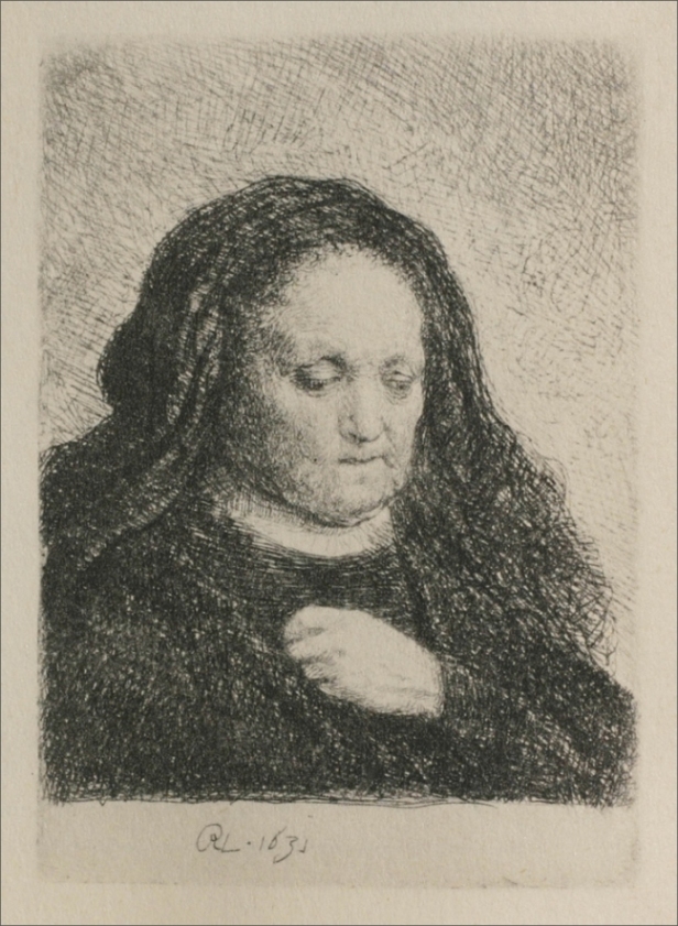 Rembrandt’s 1631 etching of an elderly woman in a black dress and veil shown bust-length with eyes downcast and one hand raised to her chest, her softly lit face emerging from a dark ground formed by dense crosshatching.