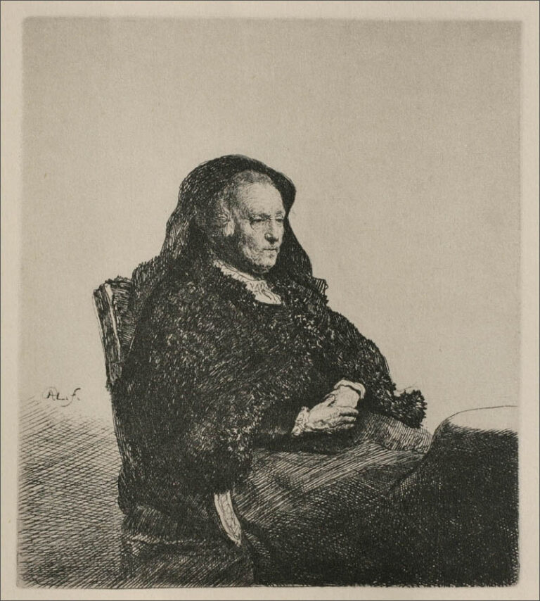 Rembrandt’s 1631 etching of an elderly woman in a veil and dark cloak seated in profile at a table, hands clasped in her lap, softly lit from the right against a largely empty background that emphasizes calm and introspection.