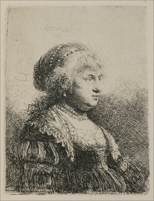Small etching of Saskia van Uylenburgh in three-quarter profile with pearls woven into her hair, wearing lace-trimmed dress and necklace, modeled by fine hatching against a softly shaded background, made by Rembrandt in 1634.