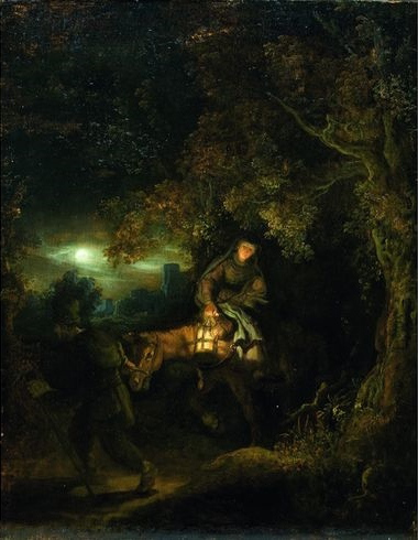Night landscape by Rembrandt showing Joseph leading a donkey carrying Mary and the infant; a warm lantern hangs from the donkey while a cool moon lights a distant village, the figures moving along a forested path.