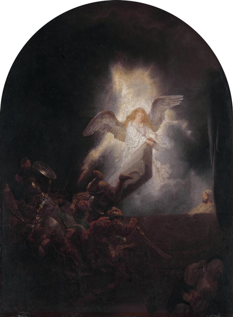 Arched nocturne by Rembrandt showing a blazing angel descending over a tomb, scattering armored guards, while the risen Christ appears quietly at the right; dramatic diagonal light pierces deep darkness.