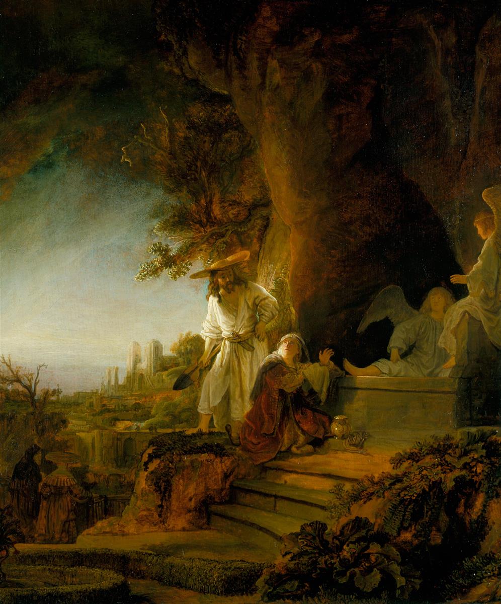 Terraced garden at dawn with Mary Magdalene kneeling on steps before a man in white with a shovel and broad hat; two angels sit inside the shadowed tomb; a vast rock face frames the scene while a distant city glows under a pale sky.