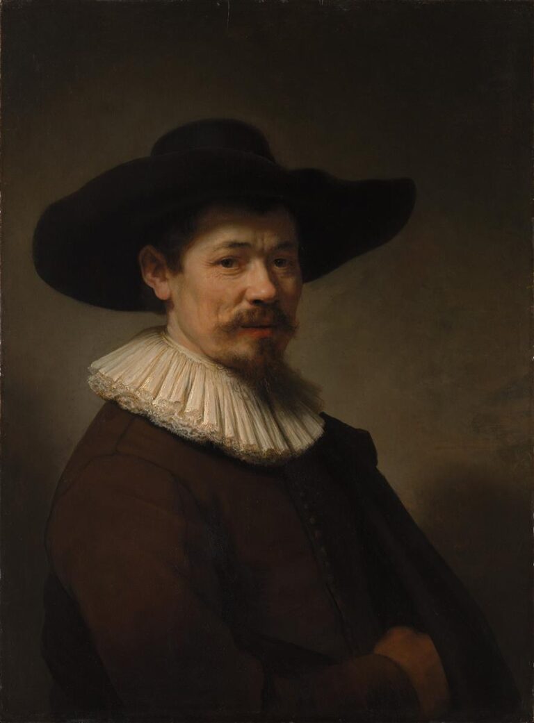 Three-quarter portrait by Rembrandt of Herman Doomer wearing a broad black hat and crisp white ruff, turned toward the viewer against a warm gray background, his expression thoughtful and composed.