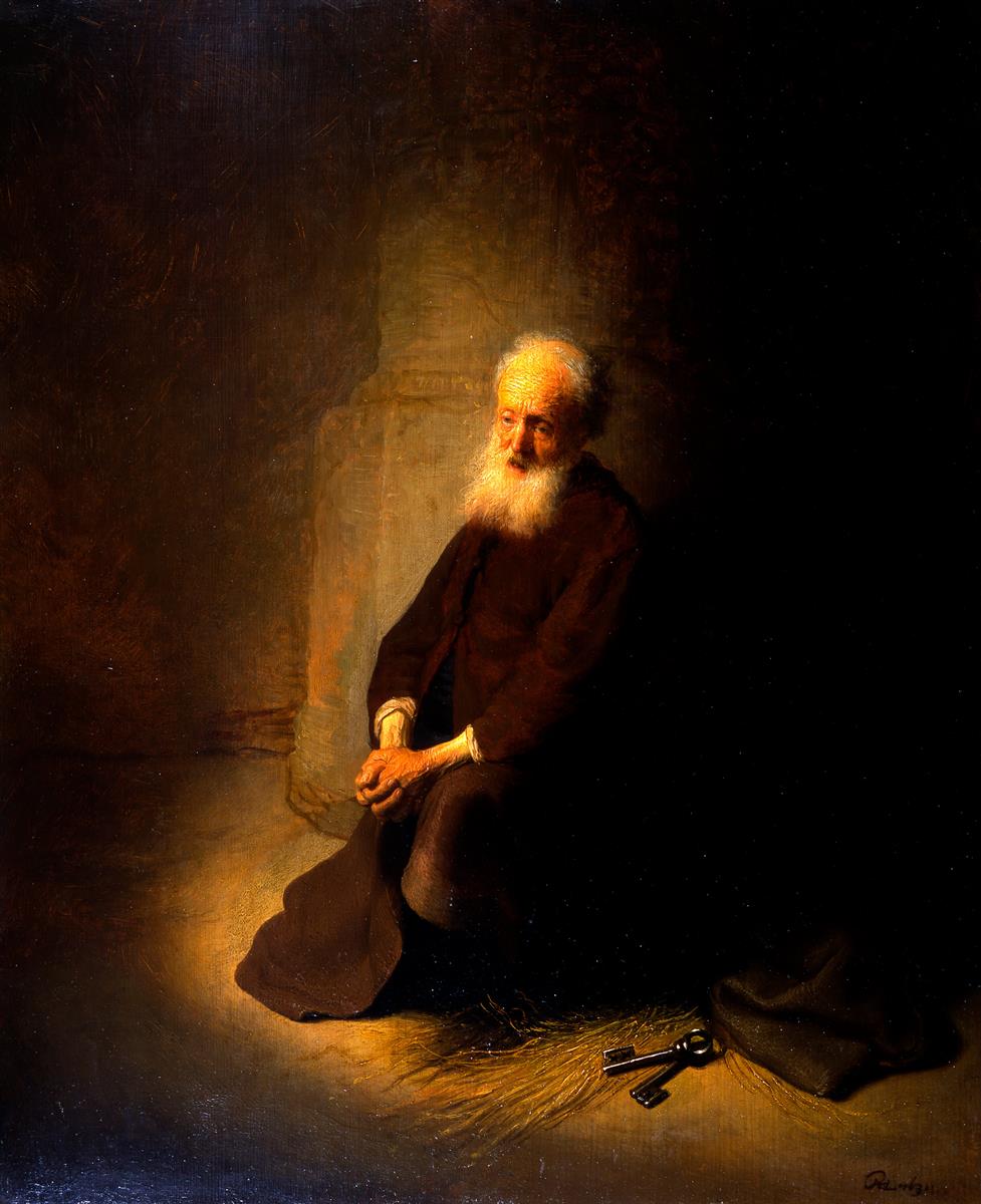 Rembrandt’s scene of St. Peter seated in a dark prison cell, his illuminated head and clasped hands glowing against shadow, with a small bundle of keys resting on straw near his feet.