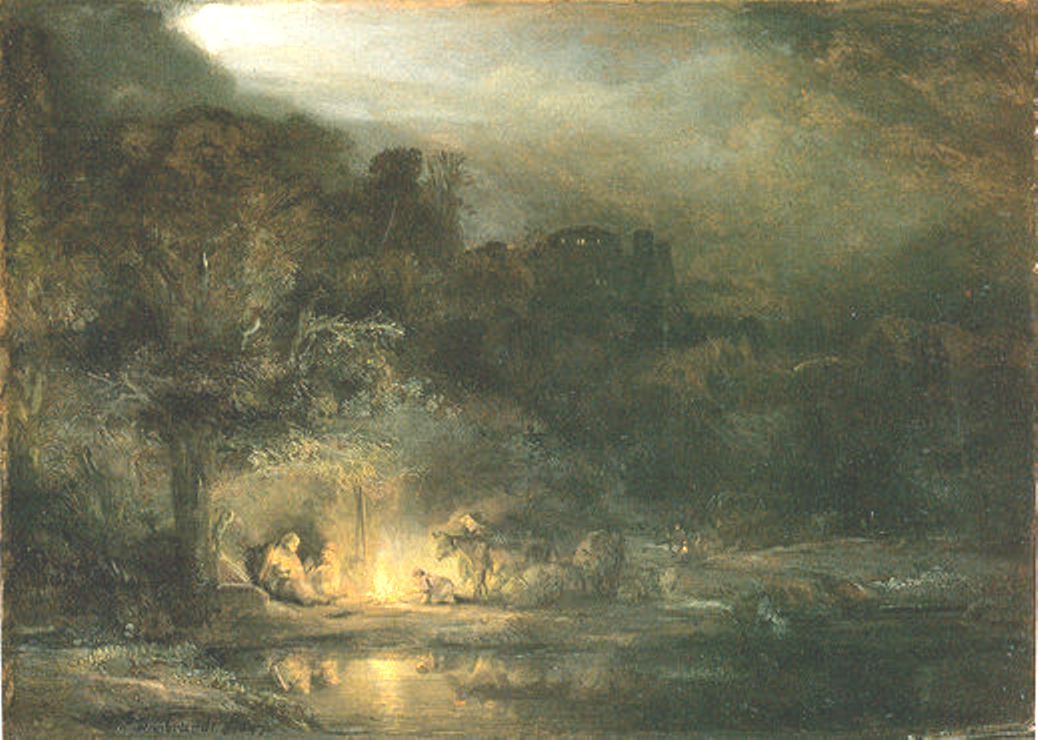 Night landscape with the Holy Family resting by a bright campfire near a reflective pool, a donkey nearby, tall trees and distant hills dissolving into darkness, and a pale moon breaking through clouds above.