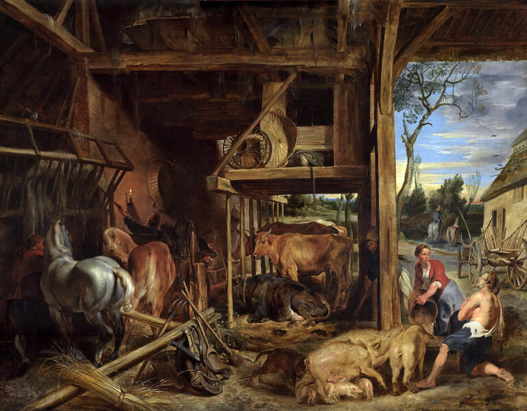 Expansive farm scene with a shadowed barn full of horses and cattle on the left and a sunlit yard on the right where a half-naked young man sits among pigs; a woman and an older man look on as a road leads into the distance beneath a blue sky.