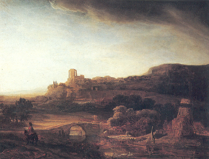 Expansive river landscape by Rembrandt with a large sky, a stone bridge over reflective water, boats along a bank, a wooden windmill at right, distant ruins on a hill, and a small rider in the foreground moving toward the light.