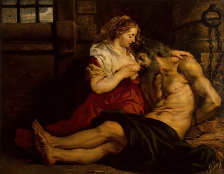 In a dim prison cell, a young woman in a red dress nurses her emaciated, shackled father; warm light bathes their intertwined bodies as chains, stone walls, and straw emphasize the tenderness of the life-saving act.