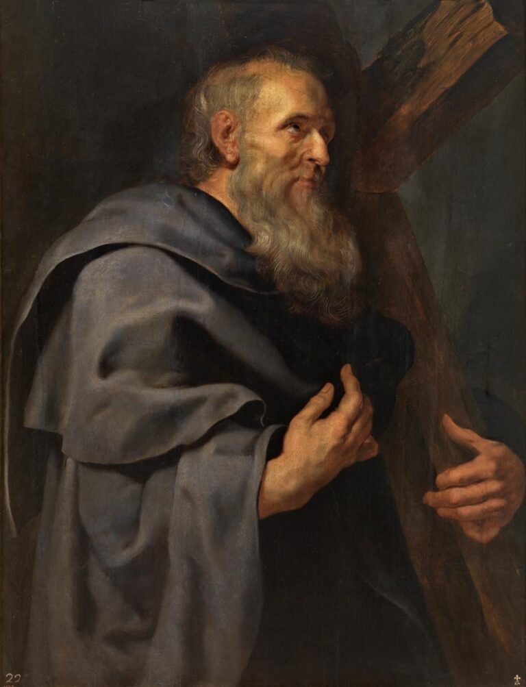 Half-length portrait of St. Philip in a gray-blue robe, turning toward light with a long beard and expressive hands, a heavy wooden cross rising diagonally behind him against a dark background.