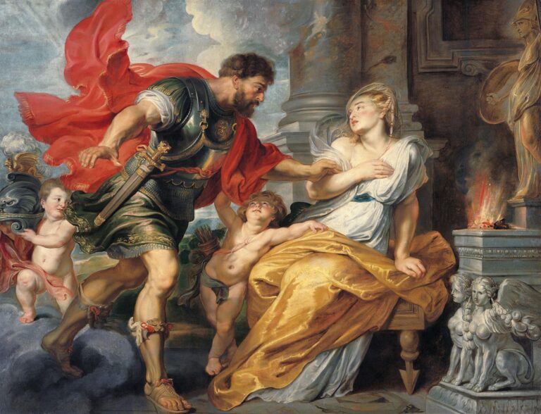 Baroque scene of armored Mars striding toward the seated Rhea Silvia with a billowing red cloak, while cherubs remove his helmet and tug at his mantle; Rhea in white and gold recoils near a burning altar and carved sphinx bench beneath classical columns and a statue of Minerva.