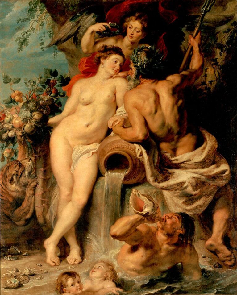 Mythic scene of a nude Earth goddess leaning toward a muscular river god with trident as water pours from a large jar; a triton blows a conch below, putti splash in the foam, and a basket of fruit and vines overflows nearby, symbolizing abundance through the union of land and water.