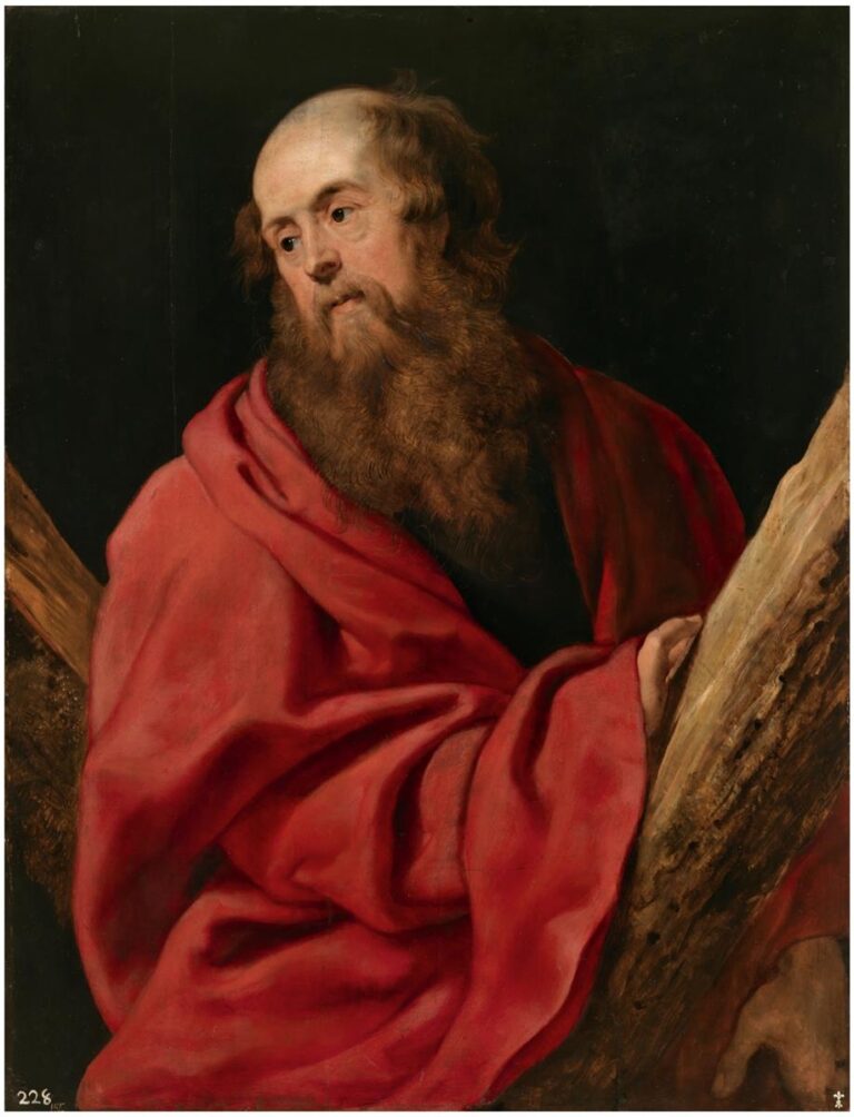 Half-length portrait of Saint Andrew wrapped in a deep red cloak, head turned in quiet attention, hands touching the rough beams of an X-shaped cross against a dark background.