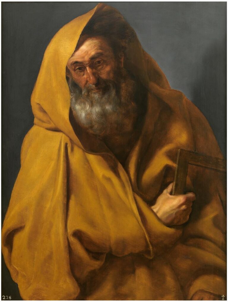 Half-length portrait of Saint James the Less wearing a hooded yellow-ochre mantle, leaning forward with a gentle gaze while holding a mason’s square in his right hand against a dark background.