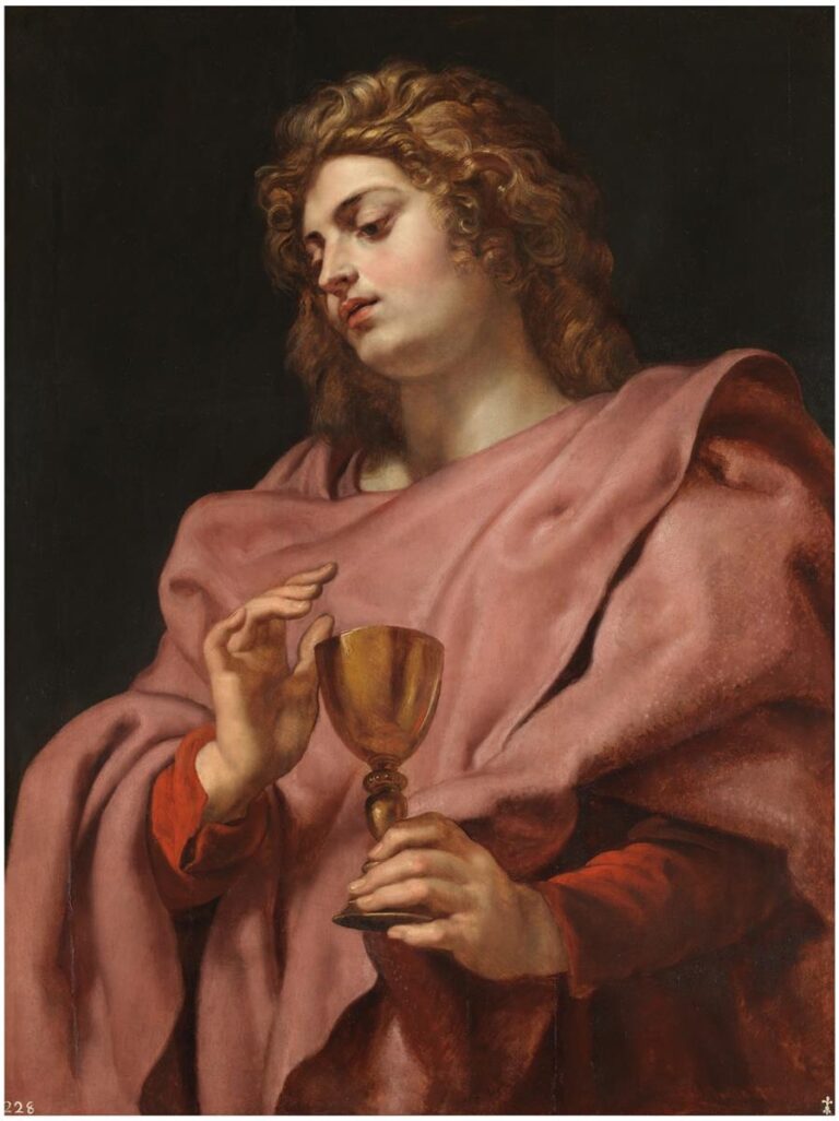 Half-length portrait of Saint John the Evangelist wearing a rose-colored mantle, head inclined with eyes lowered, holding a golden chalice with one hand while the other hovers in a gentle, blessing-like gesture against a dark background.
