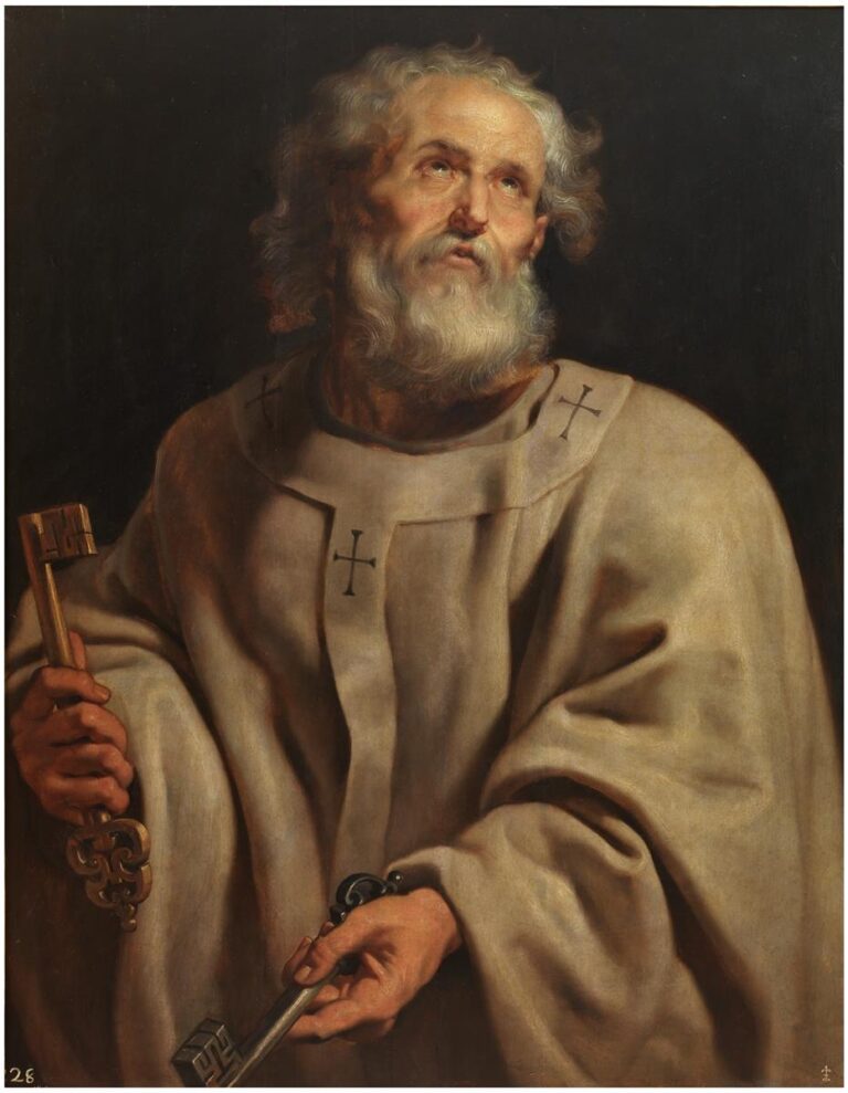 Half-length portrait of Saint Peter in a stone-colored mantle, head turned upward toward light, holding a gold key in his left hand and an iron key in his right against a dark background.