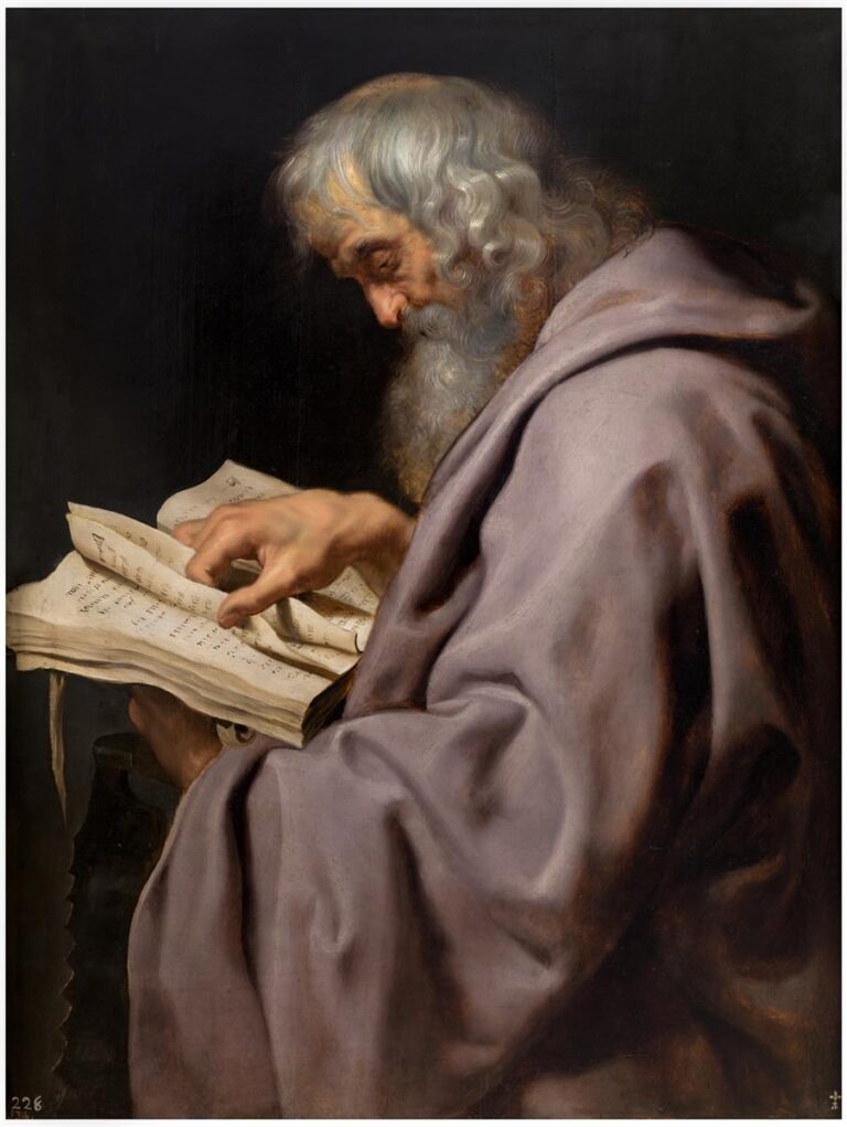 Half-length portrait of Saint Simon in a violet mantle, seen in profile as he turns the pages of a large open book, with the serrated edge of a saw emerging in shadow at the left against a dark background.