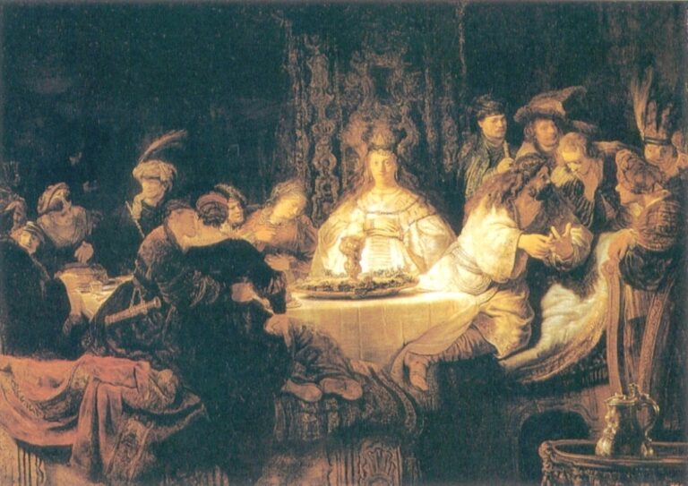 Large indoor banquet with a glowing bride at the center of a round table; Samson at right leans forward, gesturing as he poses his riddle; guests in feathered hats whisper and watch while a silver ewer gleams in the foreground against dark tapestries.