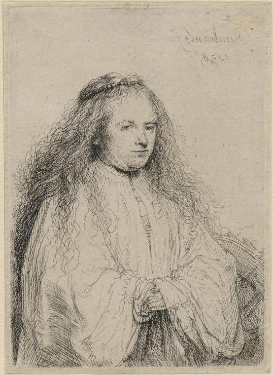 Etching of a young woman with long flowing hair and a simple coronet, shown half-length in a voluminous robe with hands lightly clasped; the calm, frontal face suggests St. Catherine while the background remains blank, emphasizing line and light.