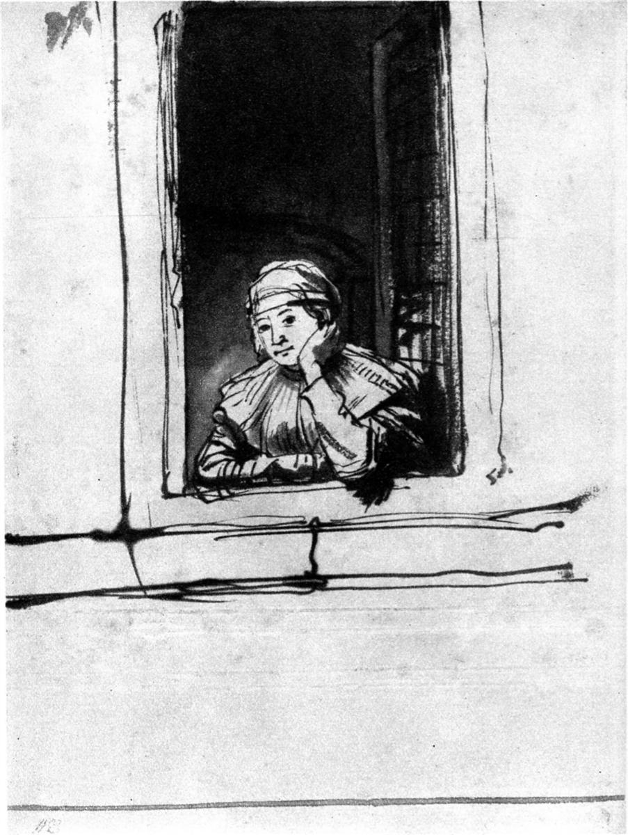 Pen-and-wash drawing by Rembrandt showing Saskia leaning on a windowsill, chin in hand, illuminated against a dark interior while the surrounding wall and sill are simply sketched.