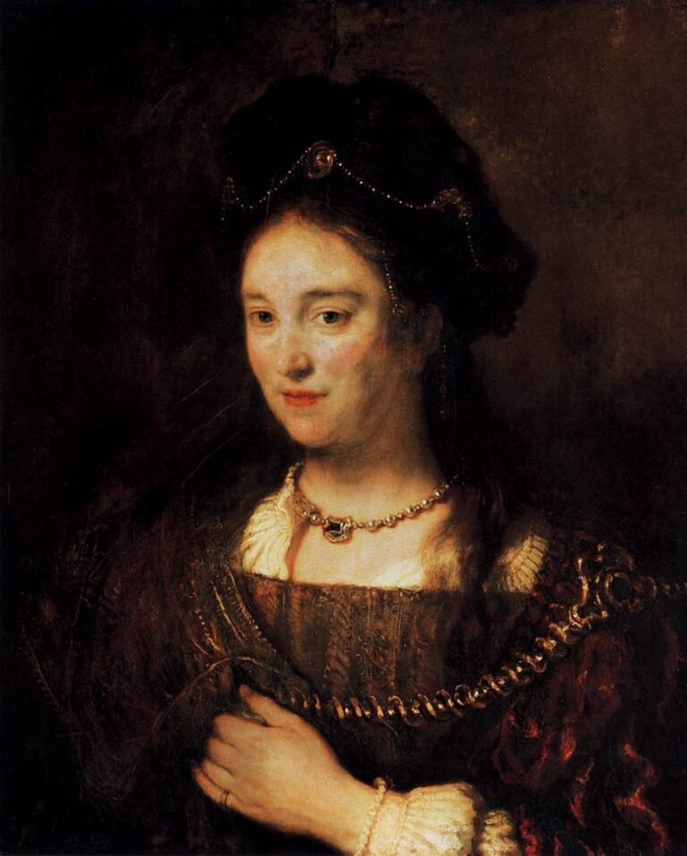 Rembrandt portrait of Saskia facing right, softly lit against a dark background; jeweled headdress, pearl necklace and bracelet, braided gold trim, and a hand drawing her bodice close while her calm gaze and warm complexion glow in subdued light.