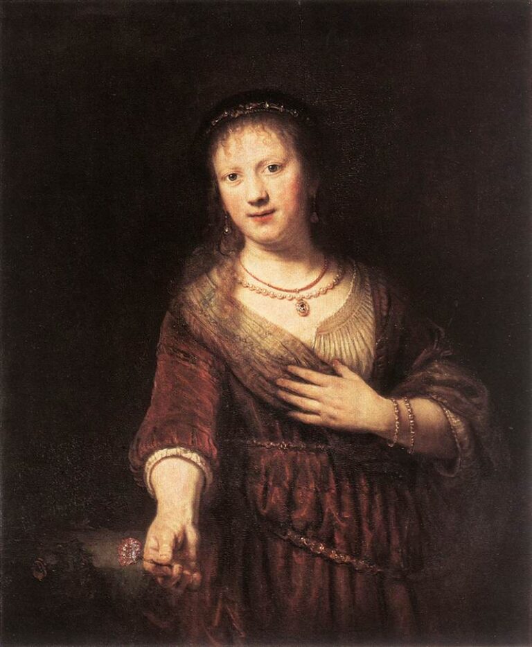 Half-length portrait of Saskia van Uylenburgh by Rembrandt, warmly lit against a dark background, wearing a red gown and pearls, one hand over her chest and the other offering a small red flower toward the viewer.
